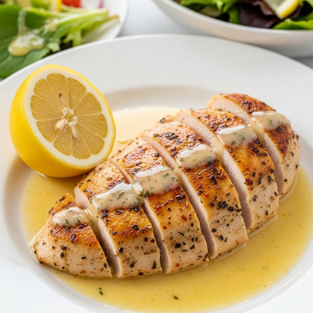 seared boneless chicken breast with a crispy golden crust, drizzled with a zesty lemon-butter sauce,