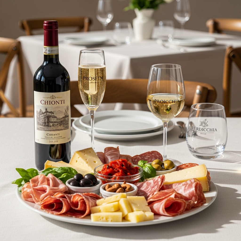 Italian antipasto platter laid out on a wooden table.