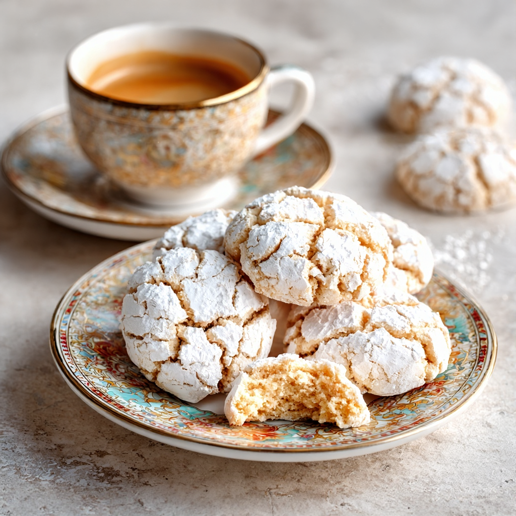 Ricciarelli cookies neatly arranged on a porcelain plate, with a cracked sugar surface and a golden hue.