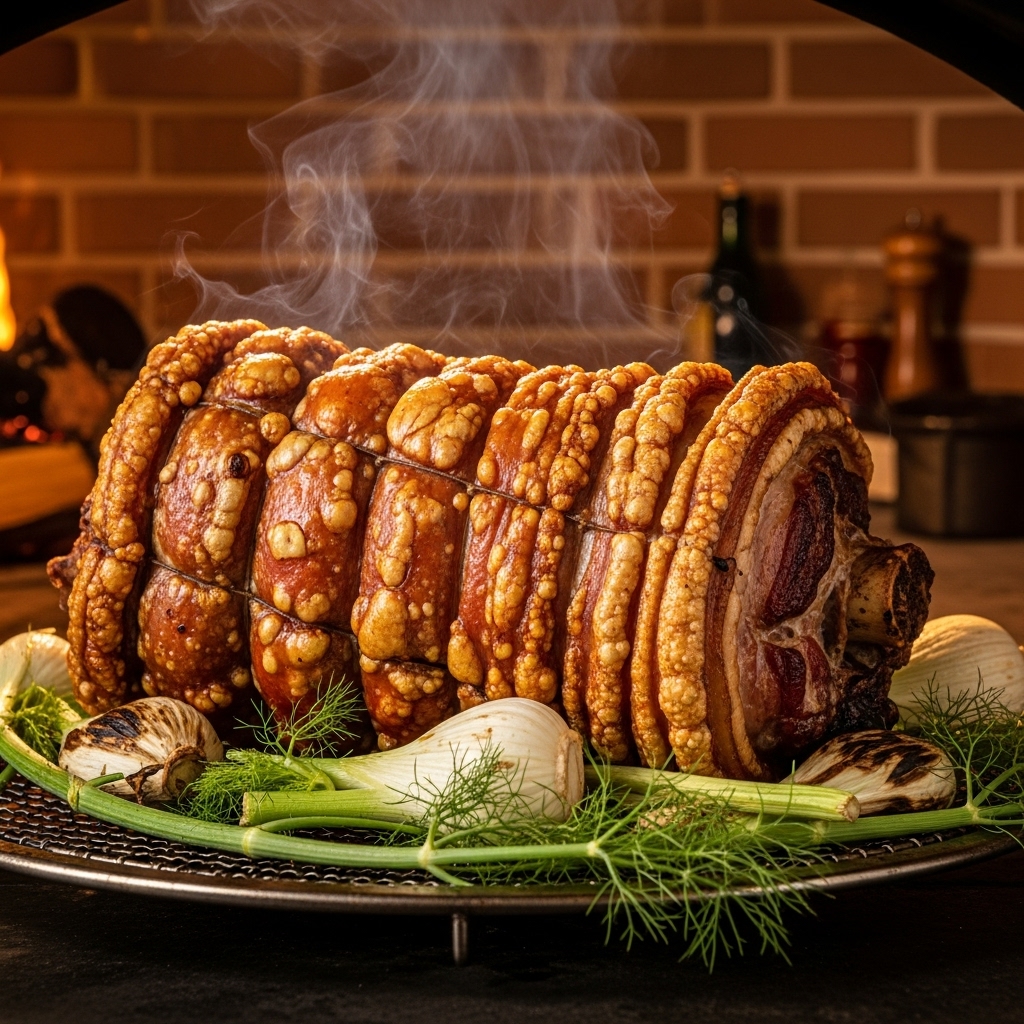 presented plate of porchetta, sliced into 1-inch rounds showcasing the spiral shape, with a generous portion of roasted potatoes and arugula on the side