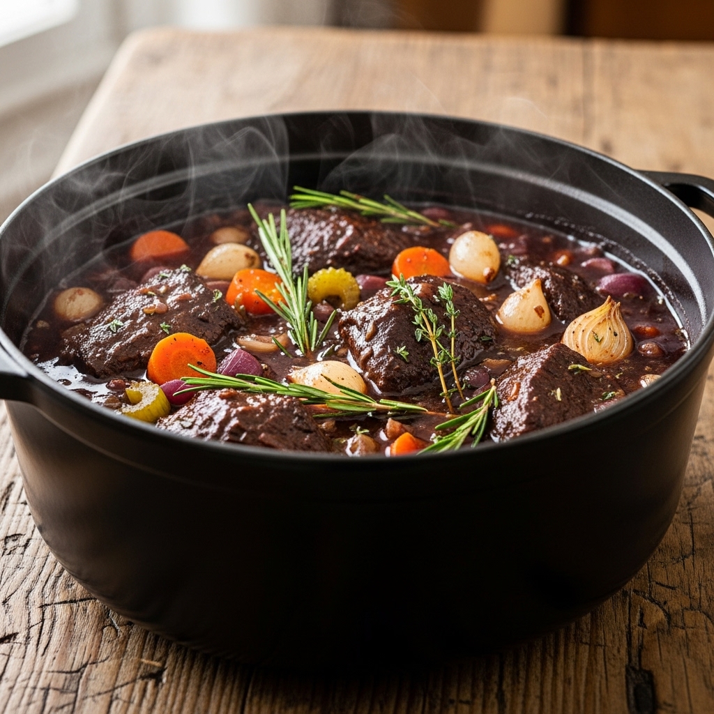 plate of brasato con polenta. The braised beef is cut into thick, juicy slices, surrounded by a velvety red wine sauce