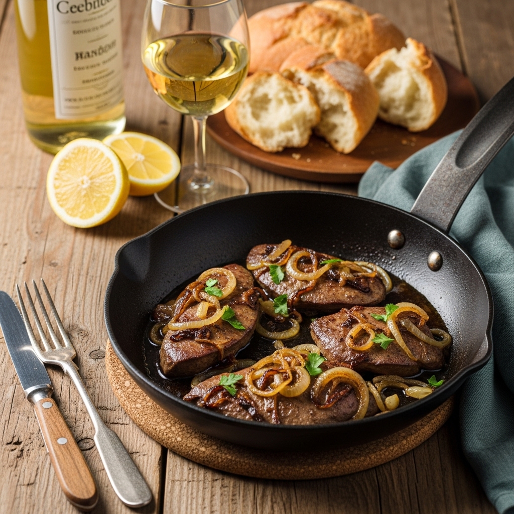 alla veneziana on a white plate, showcasing thin strips of seared calf liver, golden-brown caramelized onions, and a glossy white wine sauce