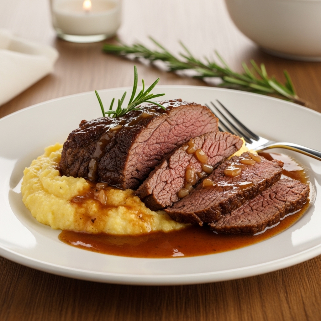 braising pot with beef simmering in red wine and aromatic vegetables.