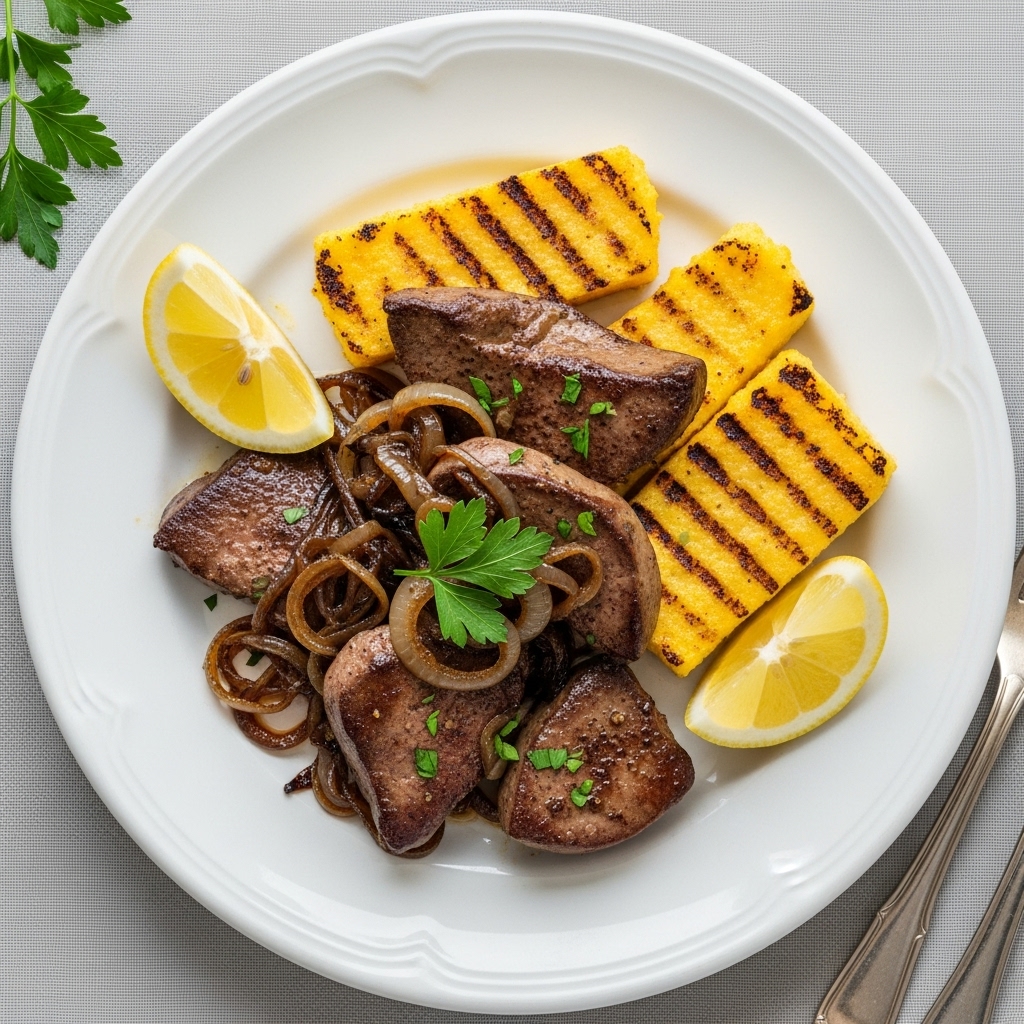 Venetian-style liver and onions plate, with perfectly seared calf liver slices and rich caramelized onions.