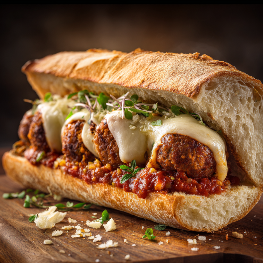 vegan meatball sub sandwich with chickpea mushroom meatballs, marinara sauce