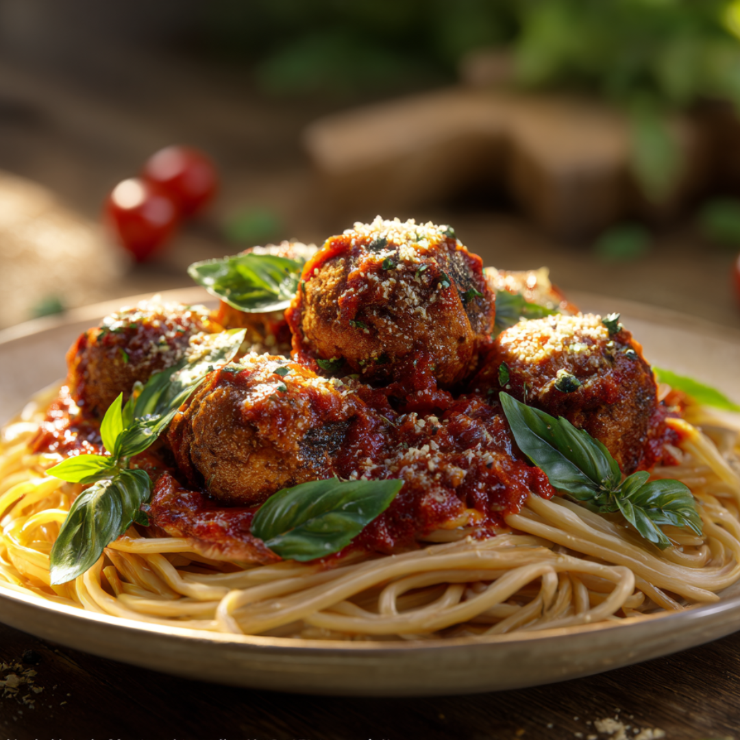 freshly baked vegan Italian meatballs on a parchment-lined baking sheet, golden brown with visible herb flecks
