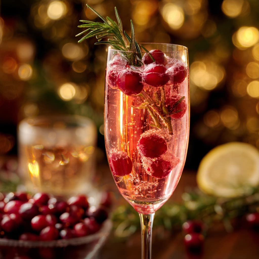 sparkling cranberry mimosas on a holiday-themed tray, garnished with rosemary sprigs and frozen cranberries.