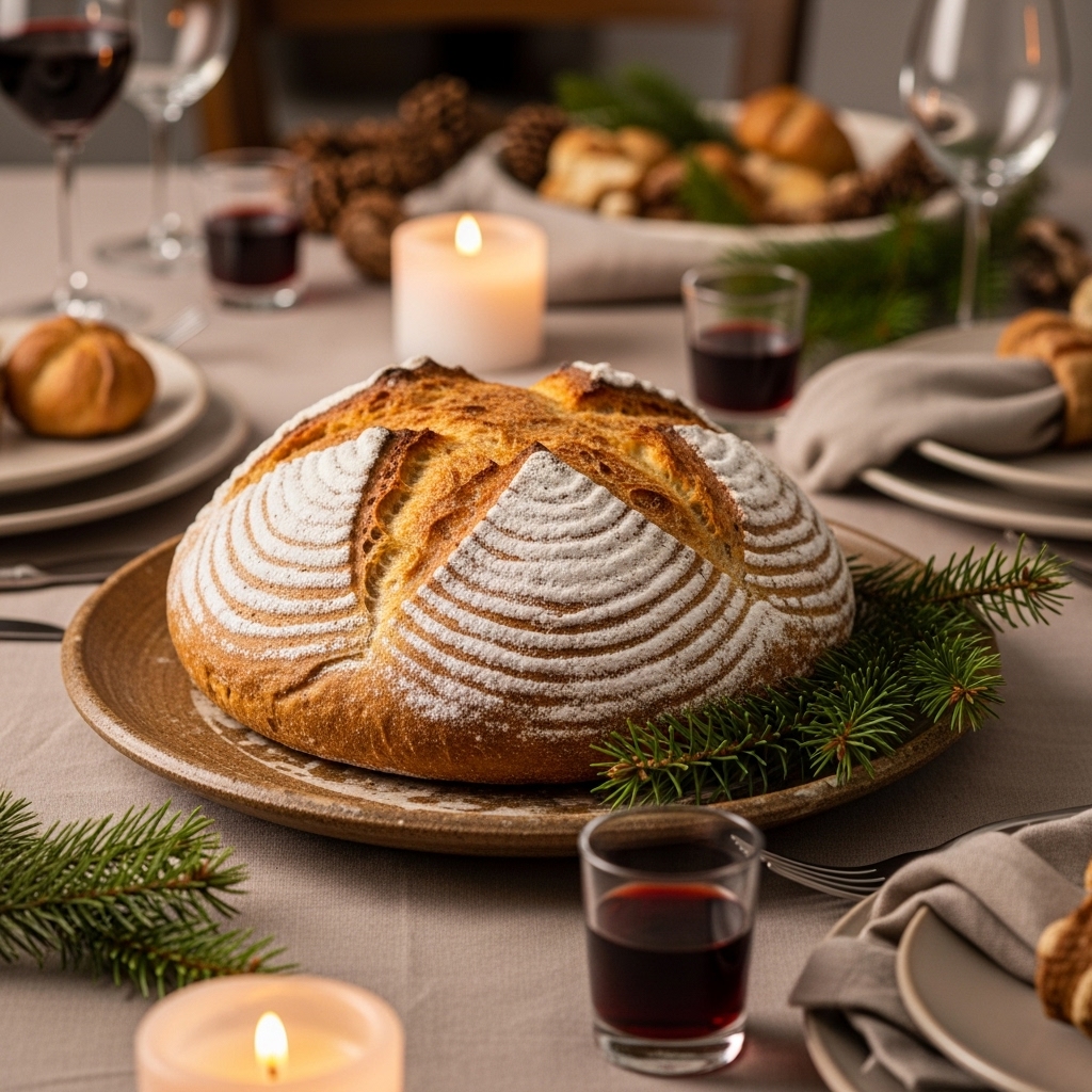 freshly baked Pandolce Genovese bread sliced open, revealing a dense and moist interior filled with fruits and nuts
