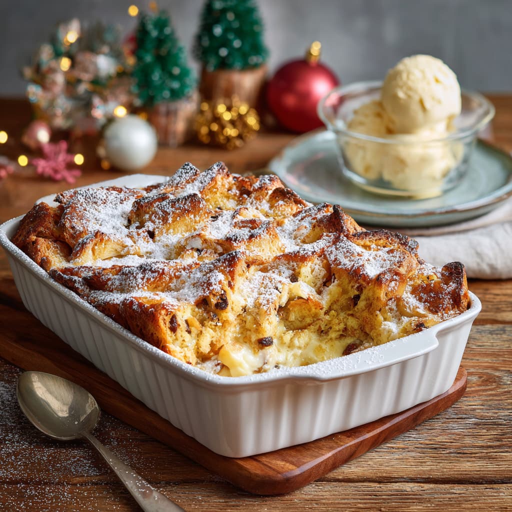 panettone bread pudding served on a plate, the golden custard spilling slightly from the edges.