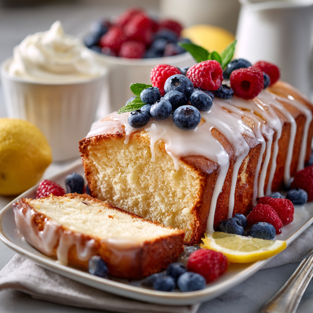 slice of lemon ricotta pound cake, placed on a white plate, with a light dusting of powdered sugar on top.