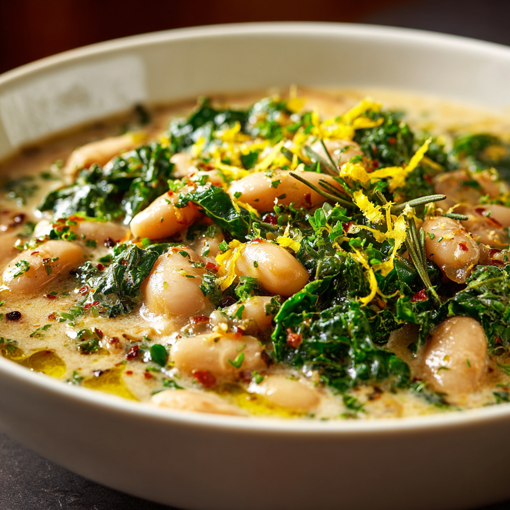 hearty vegan Italian white bean stew made with cannellini beans, kale, and aromatic herbs like rosemary and bay leaves, presented in a white soup bowl