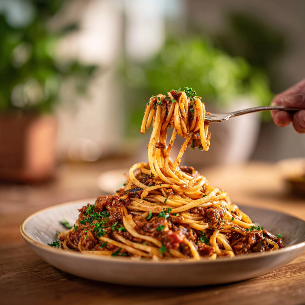 plate of vegan mushroom bolognese spaghetti, garnished with fresh basil and vegan Parmesan, with a glass of red wine on the side