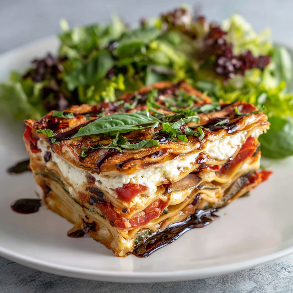 vegan roasted vegetable lasagna on a white plate. The slice shows the layers clearly: roasted vegetables, creamy dairy-free ricotta, and tender lasagna noodles.