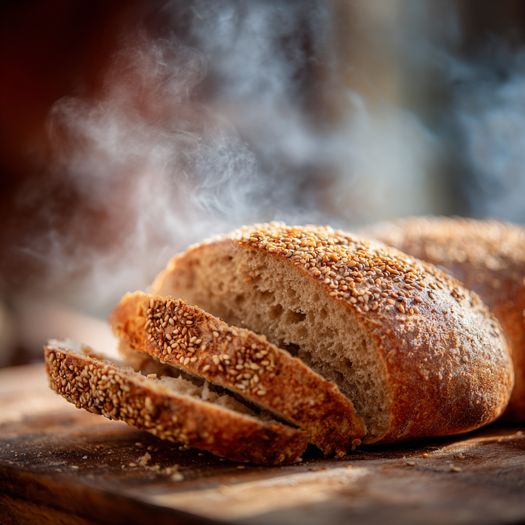rustic semolina bread with sesame seeds, with steam rising from the freshly baked loaf.