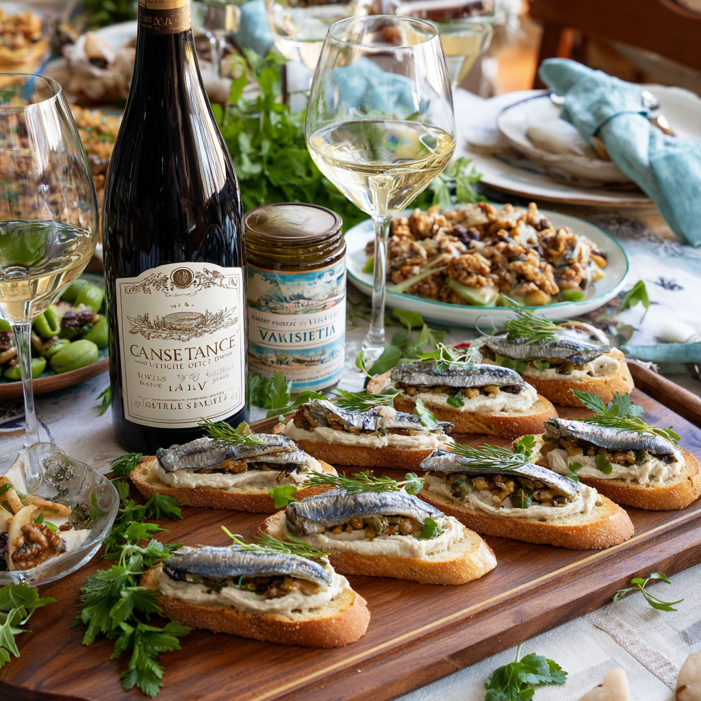 crostini with cannellini bean purée and marinated sardines arranged neatly.
