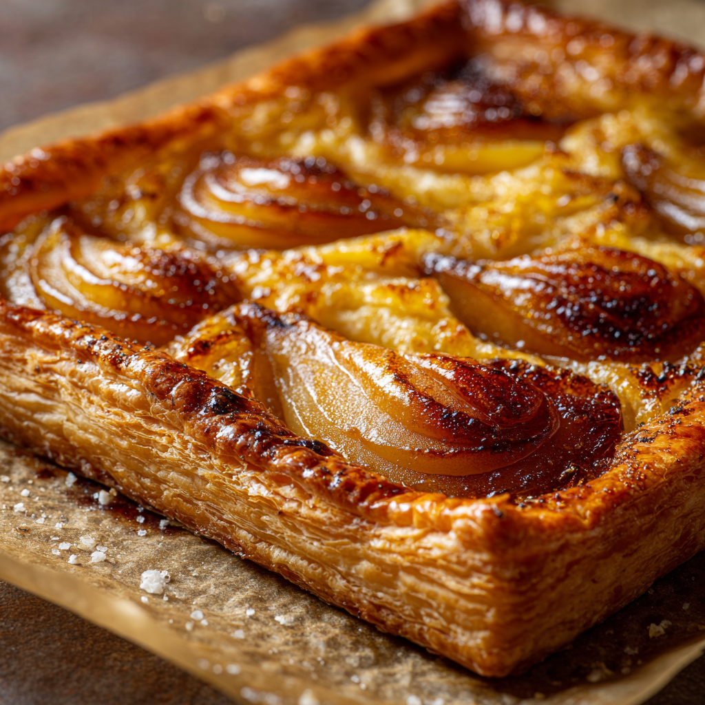 baked puff pastry pear tart with golden-brown layers and caramelized Bosc pears.