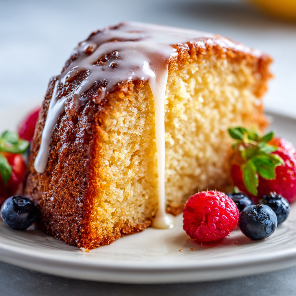 slice of yogurt olive oil cake with a moist, tender crumb. The slice is placed on a simple white plate, with the glaze slightly dripping down the side