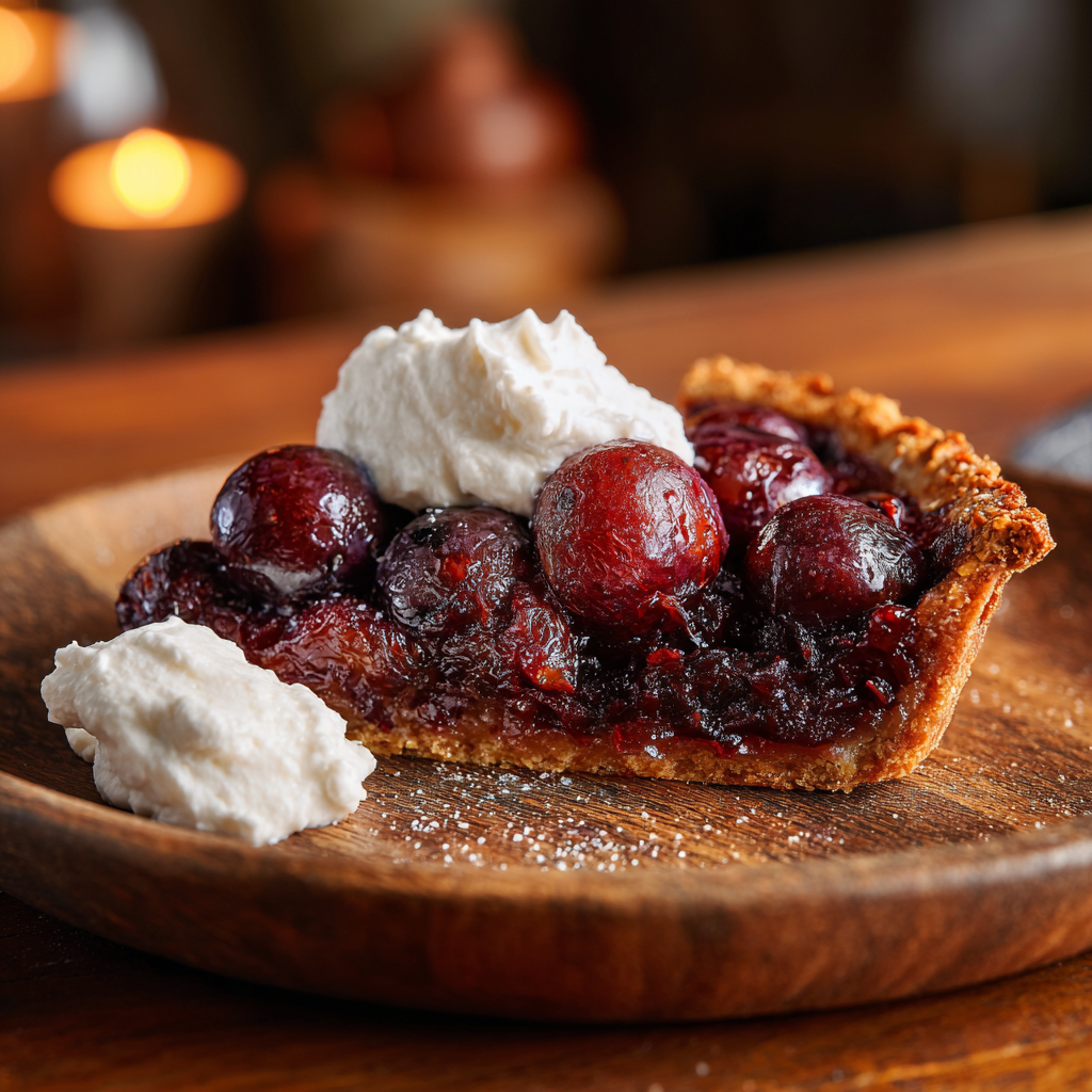 A slice of roasted grape crostata on a rustic wooden plate with a small dollop of whipped cream on the side.