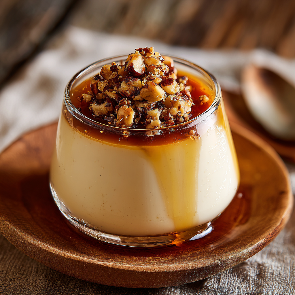 A serving of vegan coffee hazelnut panna cotta in a clear glass ramekin.