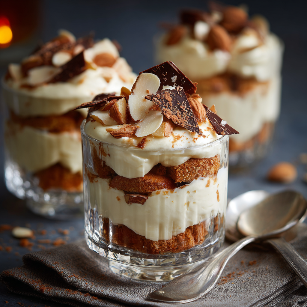 Amaretti biscuit trifles served in clear glass cups