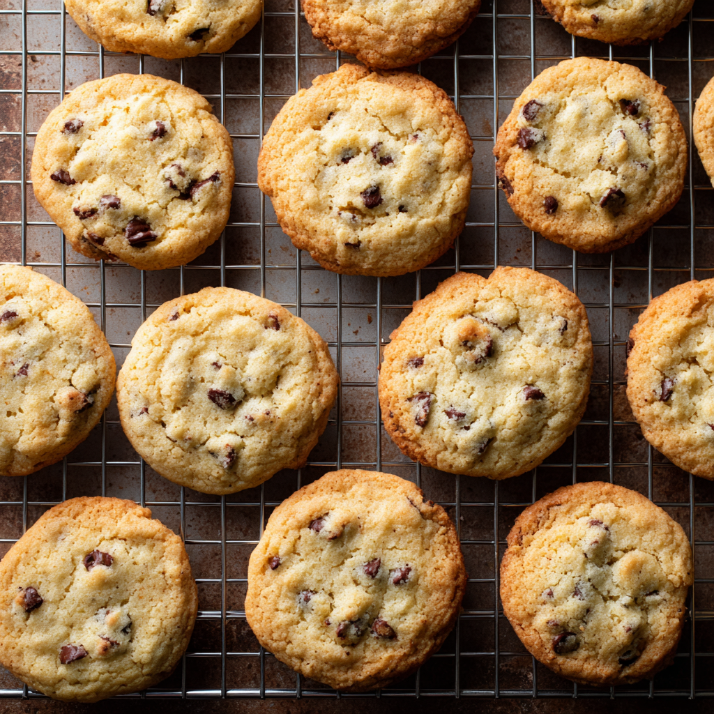 Ricotta Chocolate Chip Cookies on a cooling rack, showcasing their pale tops and golden edges.