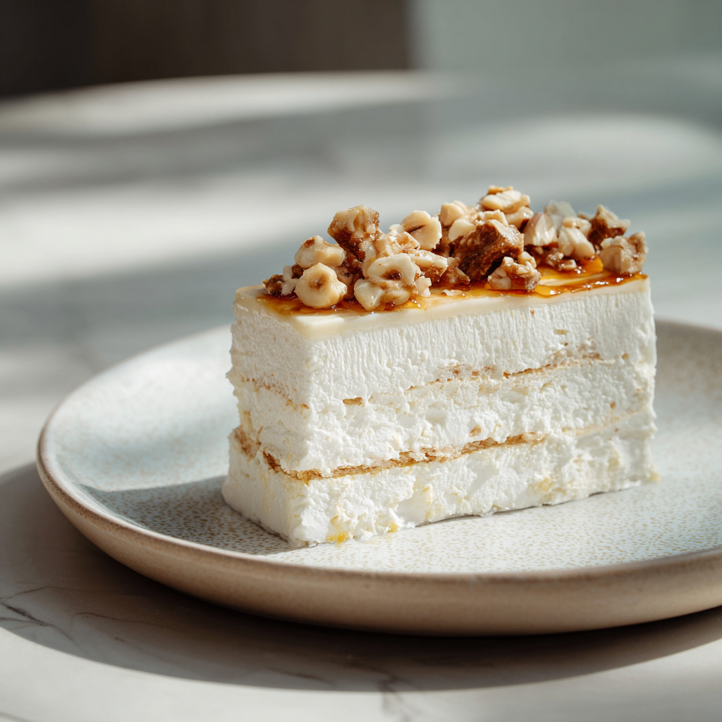 vanilla semifreddo still in the pan, unmolded with the edges slightly melting in the background.