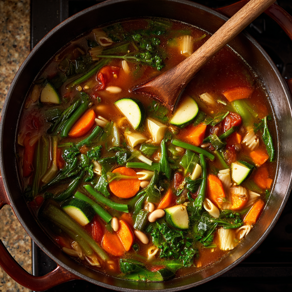 large Dutch oven on a stovetop filled with vegan minestrone soup while simmering.