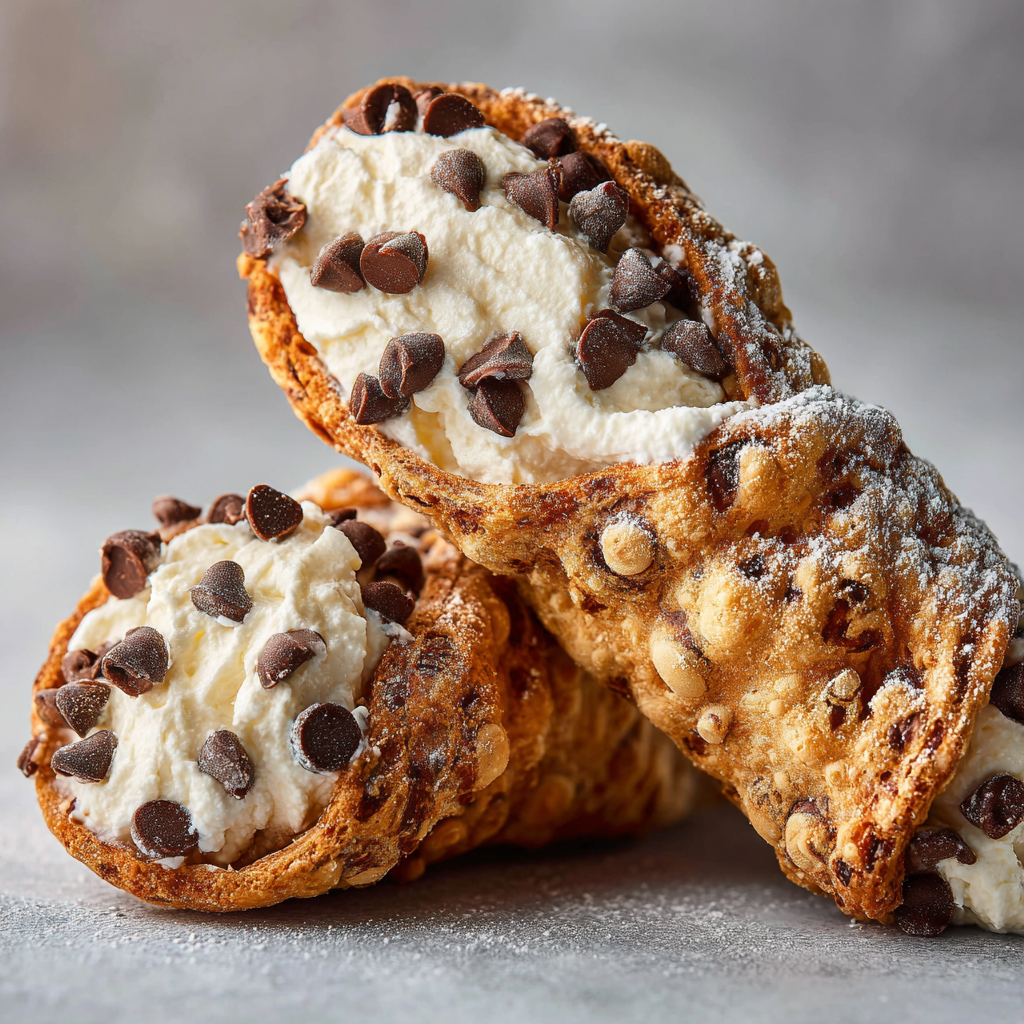 vegan cannoli cut in half, showing crisp bubbly shell and smooth ricotta-style tofu filling with chocolate chips