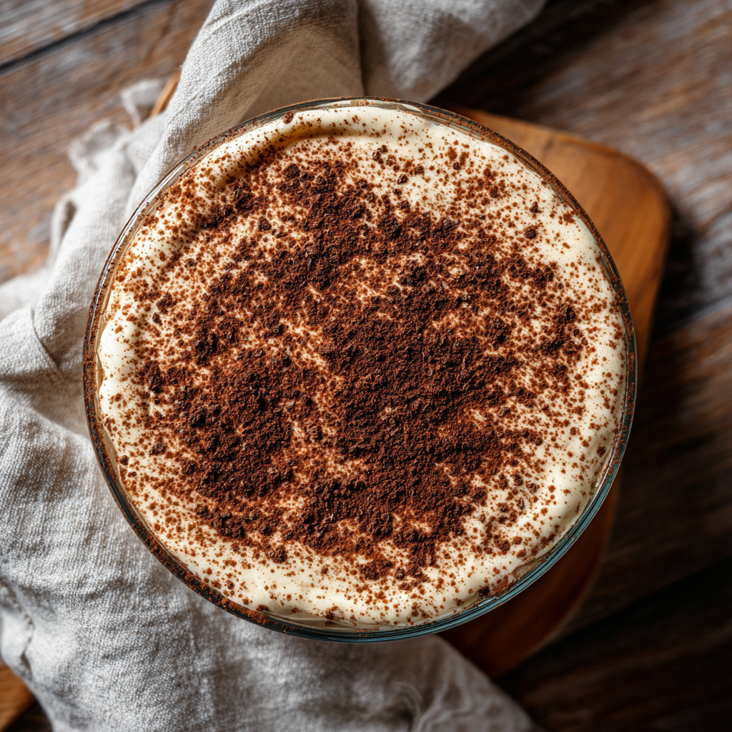 homemade vegan tiramisu in an 8-inch glass dish, smooth cream top dusted with cocoa powder,