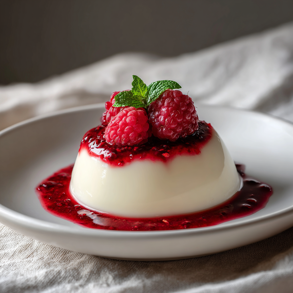 vegan panna cotta on a small white dessert plate