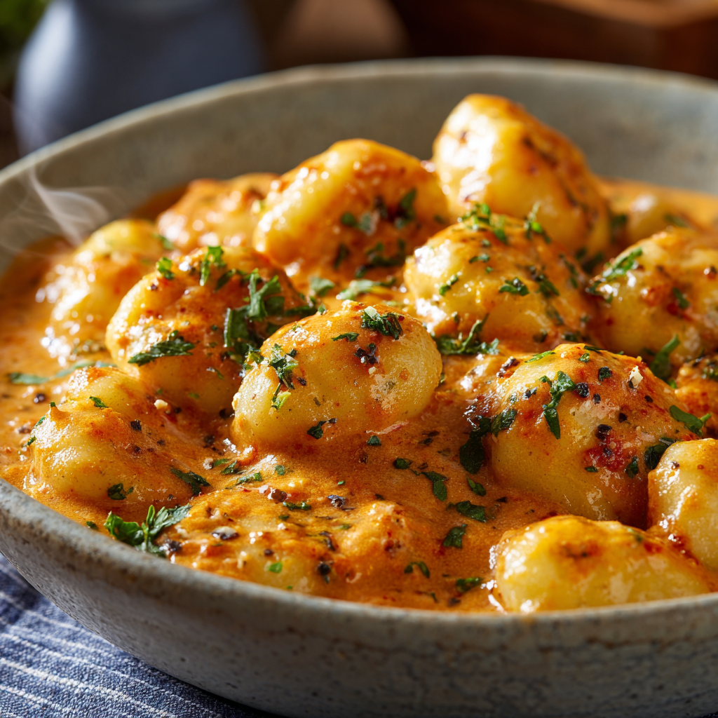 gnocchi covered in creamy tomato sauce, showing silky texture and sauce clinging to each dumpling