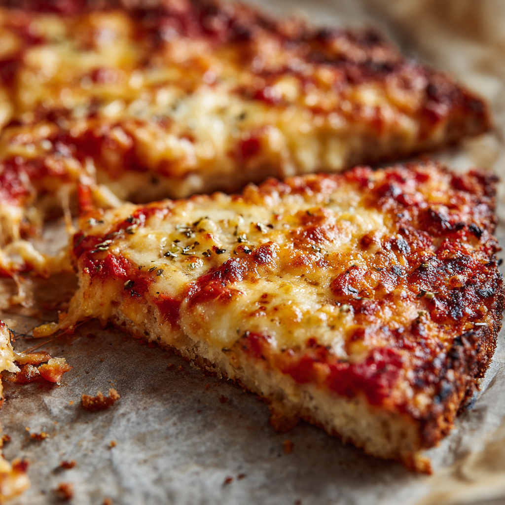 sliced gluten-free pizza showing a thin, crisp crust with slight chew, airy interior, bubbling cheese and tomato sauce