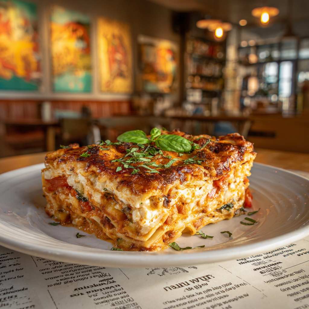 gluten-free lasagna served on a white plate. The layers of pasta are clearly visible