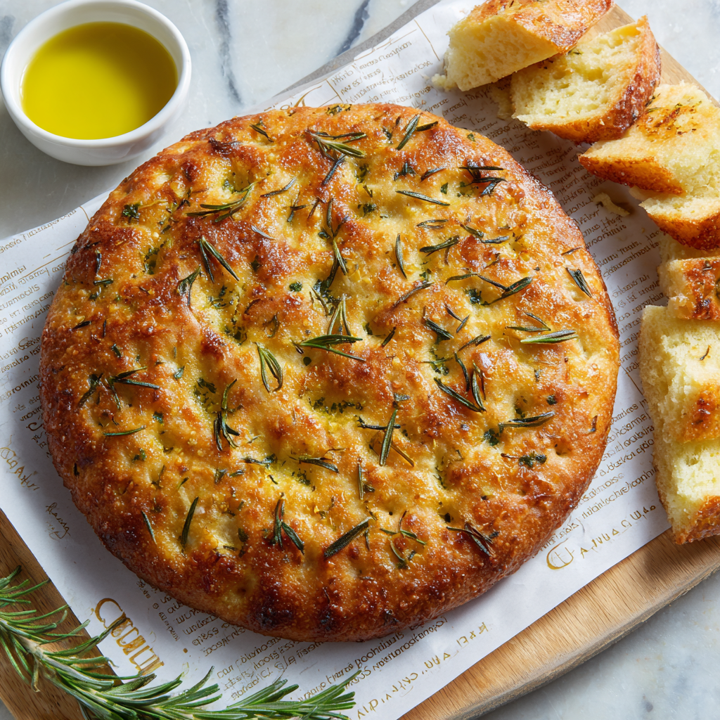 slice of gluten-free rosemary focaccia, placed on a rustic wooden table with some olive oil and fresh rosemary beside it.