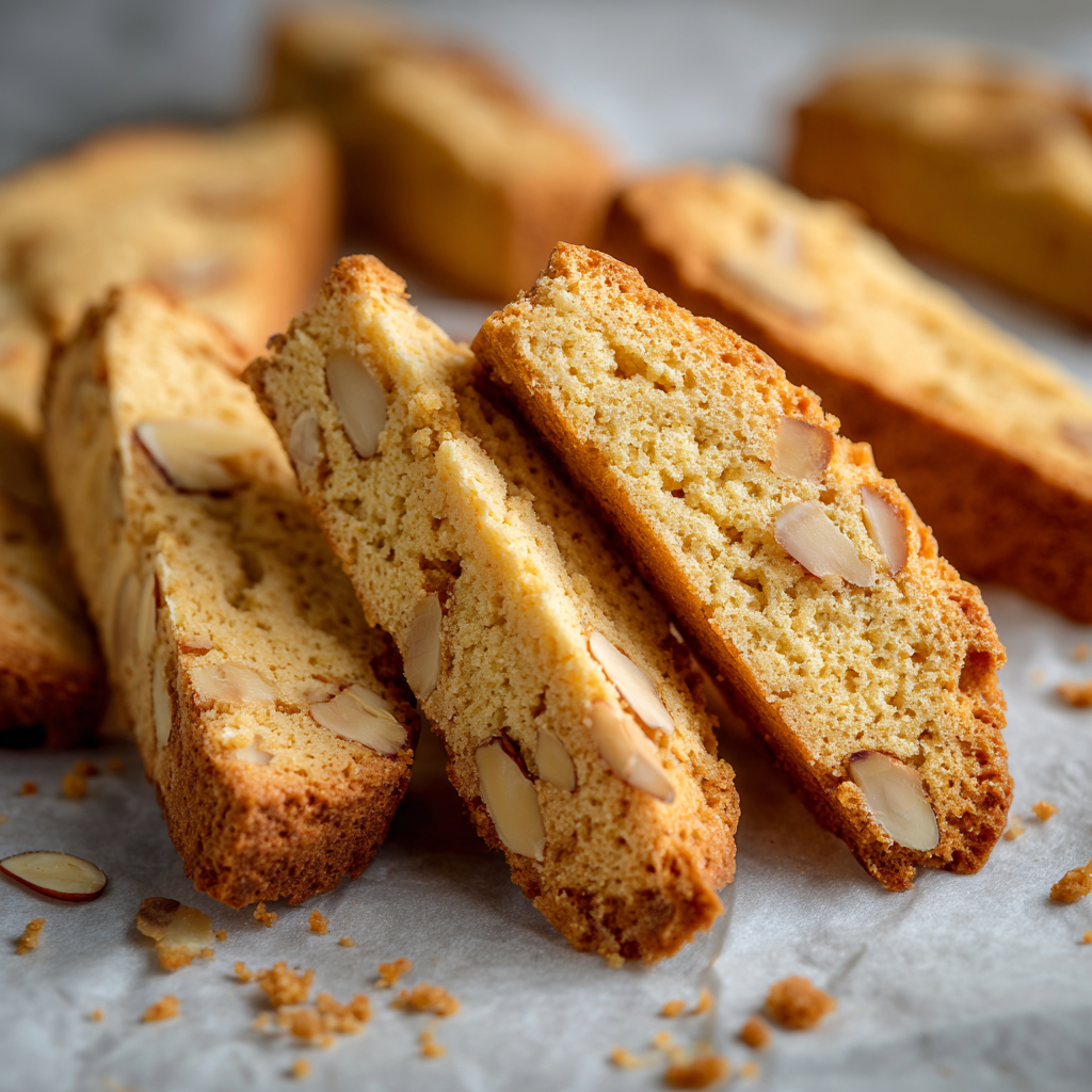 Italian almond biscotti stacked beside a ceramic espresso cup filled with dark coffee
