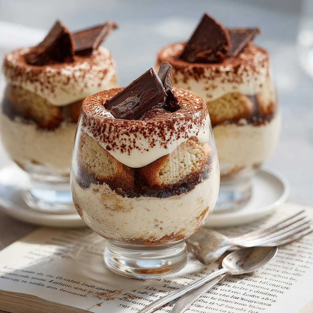 gluten-free tiramisu in elegant glasses, layered with coffee-soaked ladyfingers and mascarpone cream.