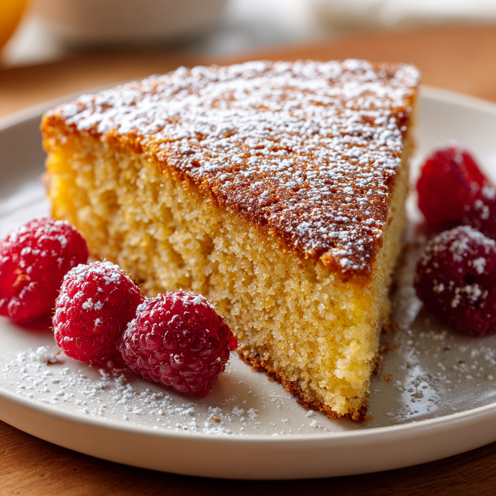 Italian Polenta Almond Cake on a small white plate with fresh raspberries and a light dusting of powdered sugar.