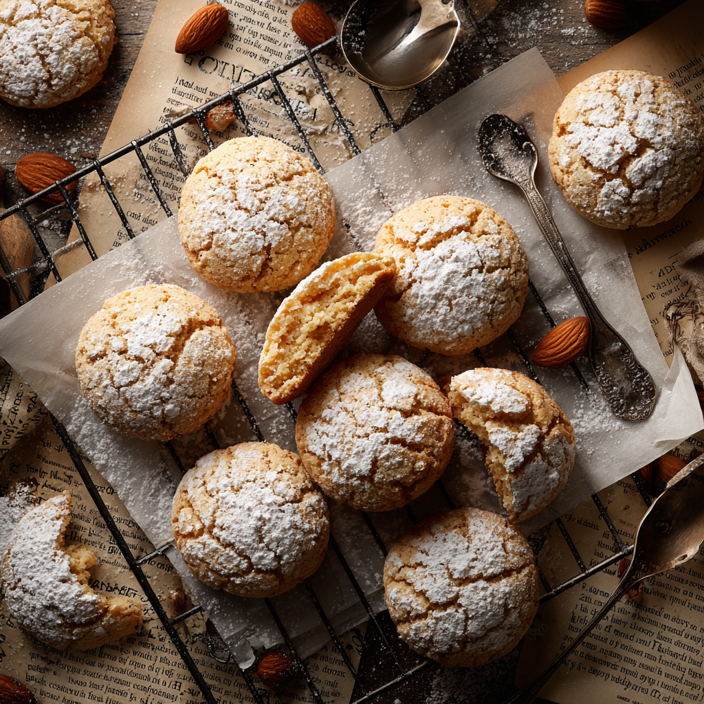 baked gluten-free almond cookies, with a delicate dusting of powdered sugar.