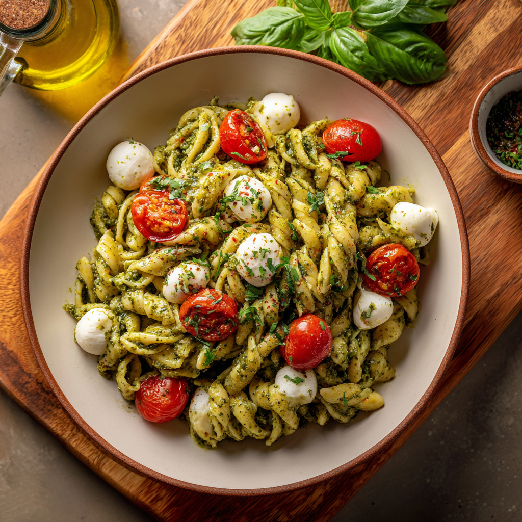plate of gluten-free pesto pasta served with halved cherry tomatoes and mozzarella pearls scattered over the top.