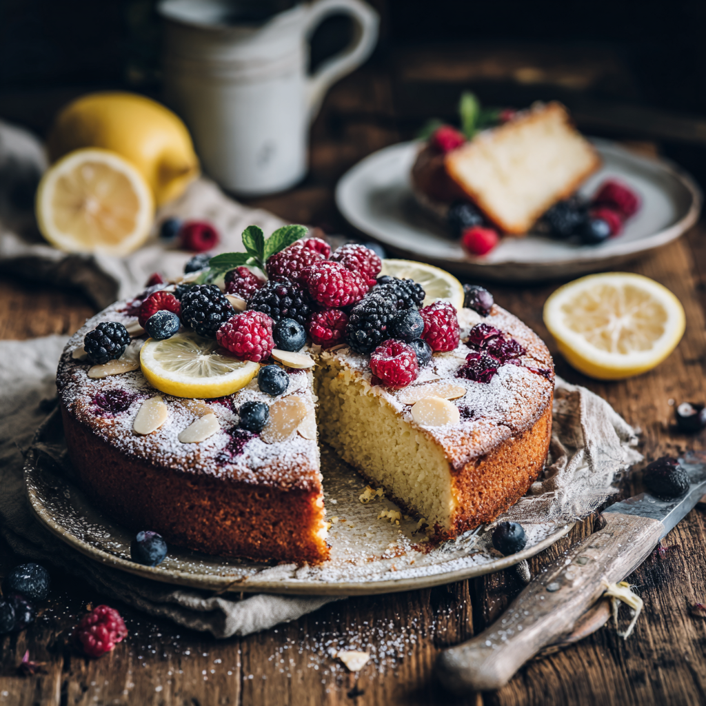 gluten-free ricotta almond cake, placed on a rustic wooden table