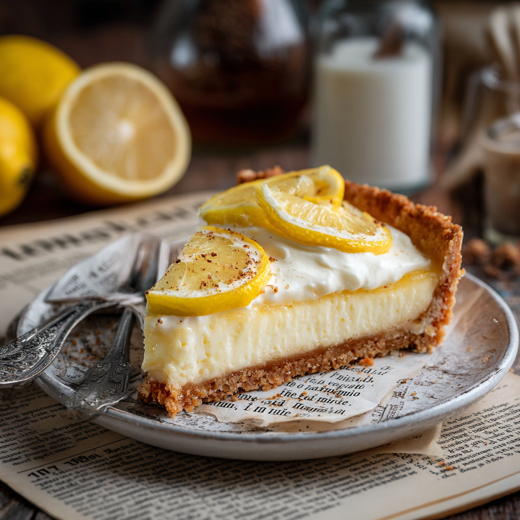 lemon mascarpone tart on a plate, showing the creamy mascarpone filling, golden crust, and fresh lemon topping.