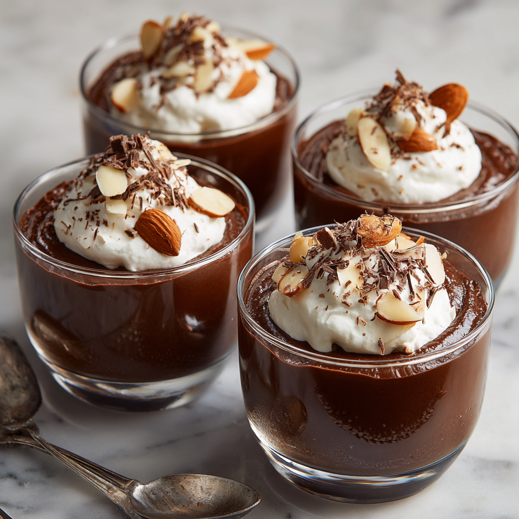 creamy Amaretto Chocolate Mousse served in a rustic white bowl.