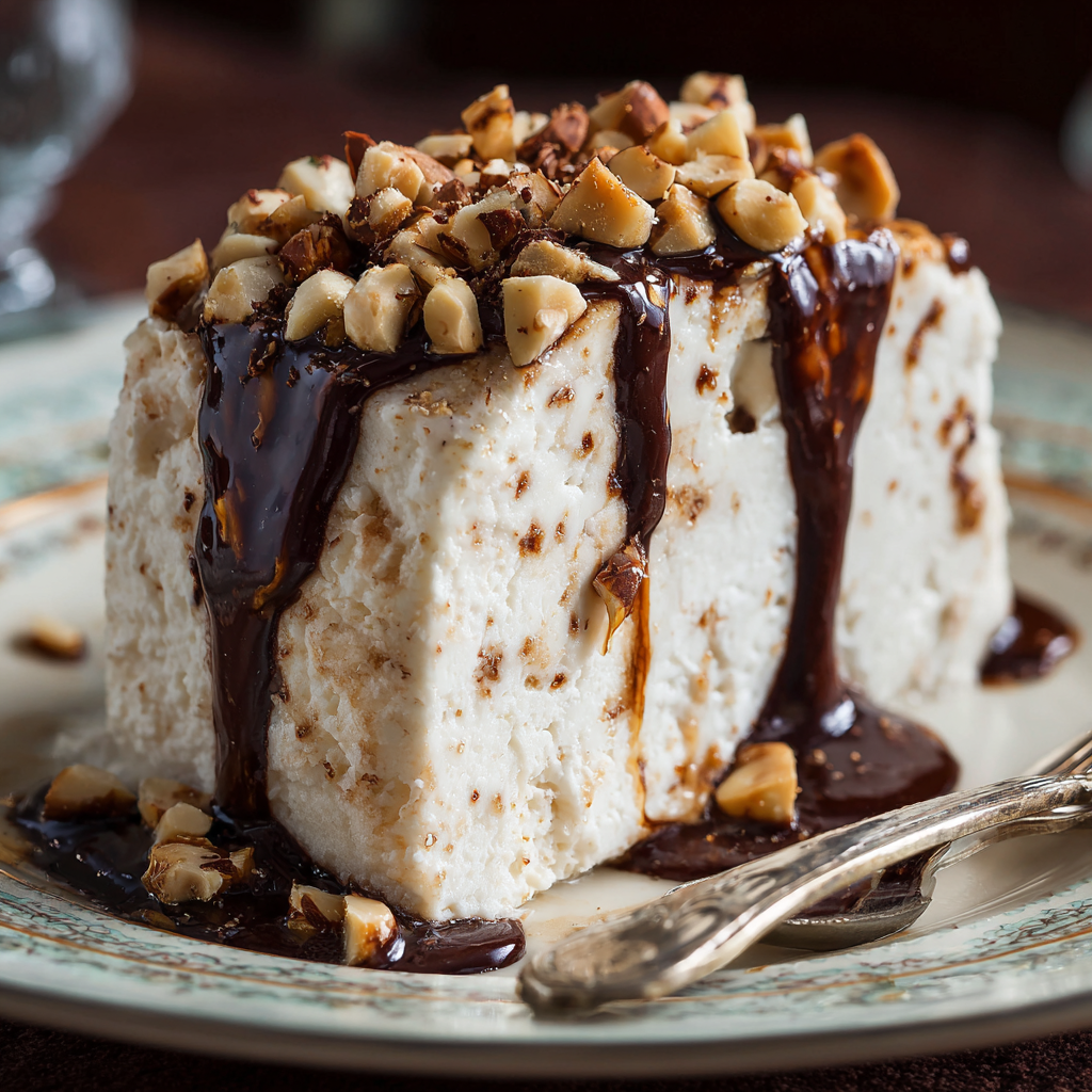 semifreddo showing a smooth, creamy inside with chopped hazelnuts on top and a glossy drizzle of chocolate.