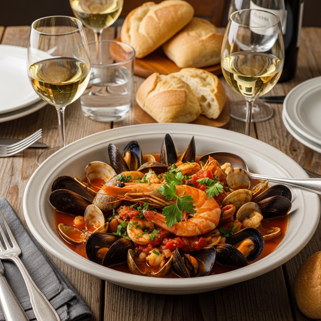 filled with Zuppa di Pesce, showing various seafood types like shrimp and mussels in a tomato-based broth.