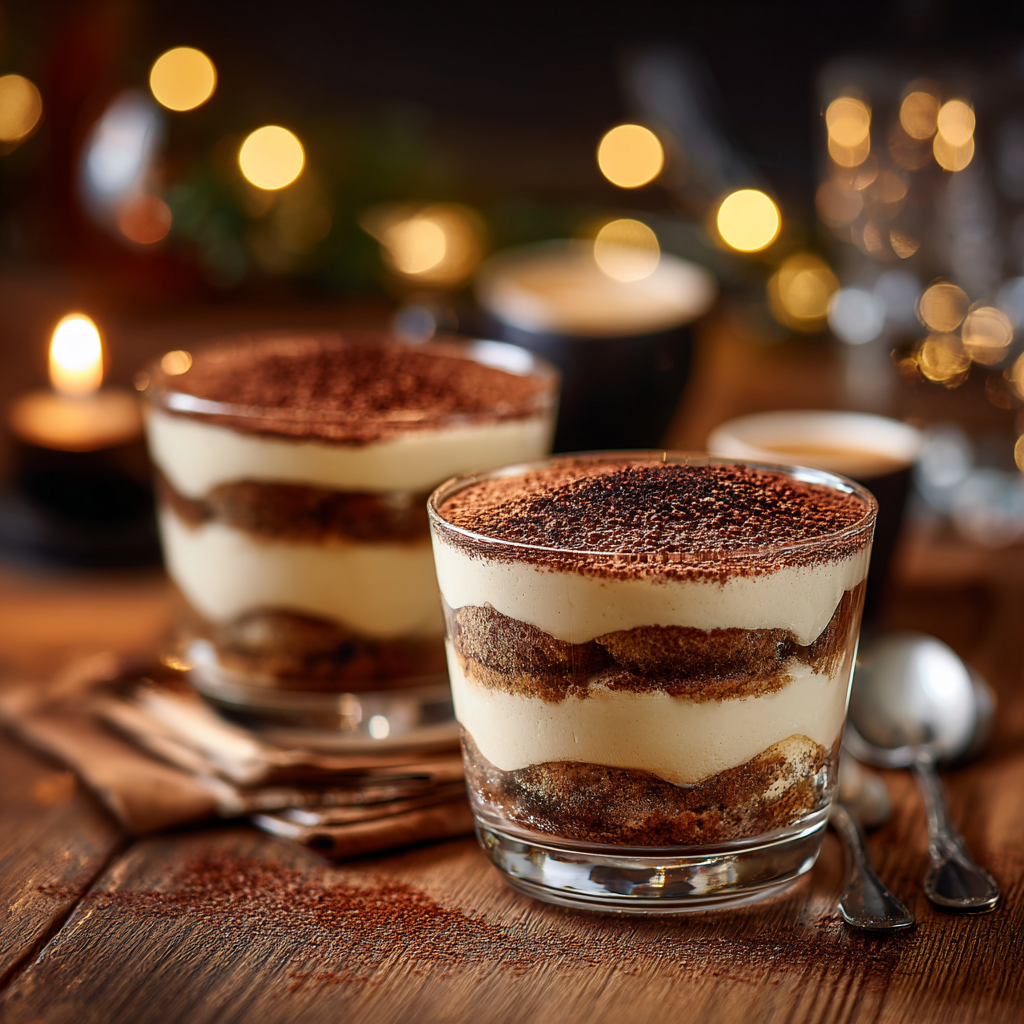 tiramisu dessert for two served in glass cups on a wooden table