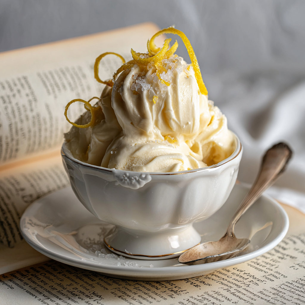 olive oil gelato in a vintage-style dessert bowl, served with a sprinkle of fleur de sel and a few slices of lemon zest on top.