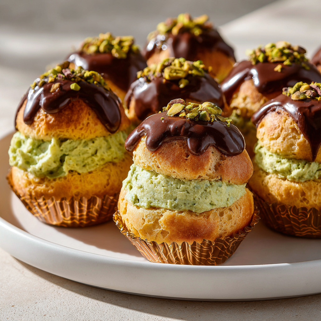 pistachio cream puffs arranged on a white platter with decorative muffin papers