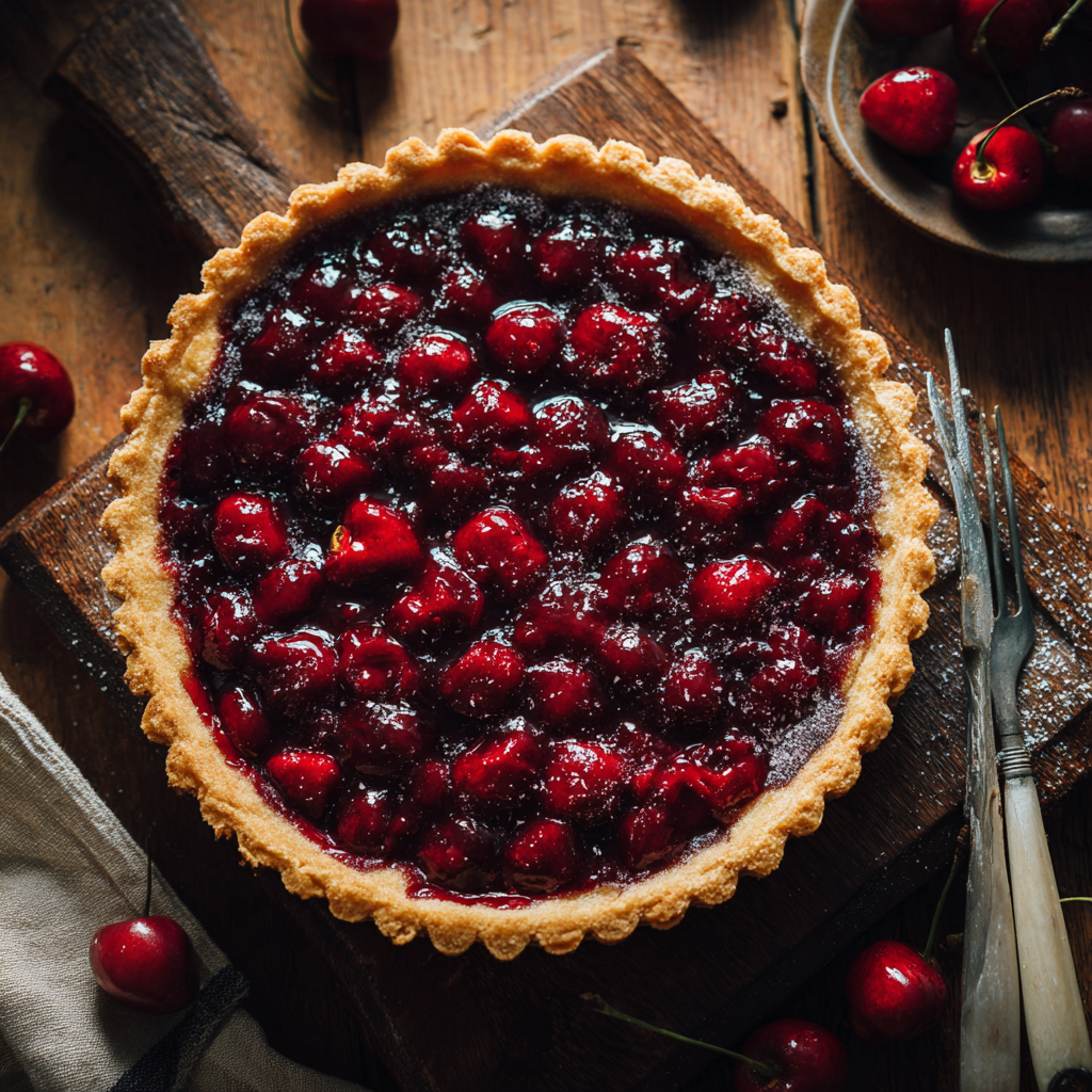 showcasing the two layers of golden shortcrust and the vibrant red sour cherry jam.