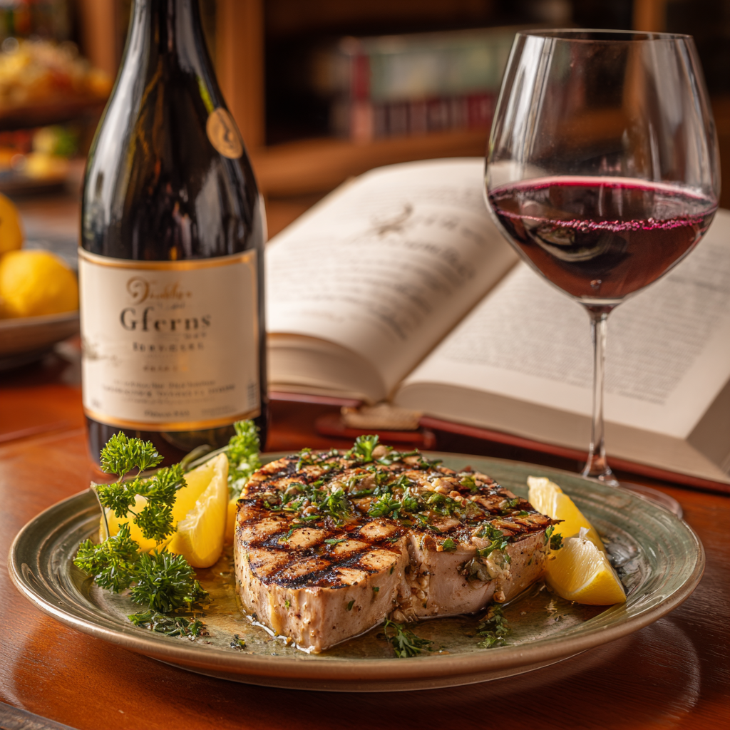 beautifully plated grilled tuna steak with a fresh parsley garnish, lemon slices, and a glass of Pinot Noir wine on the side.