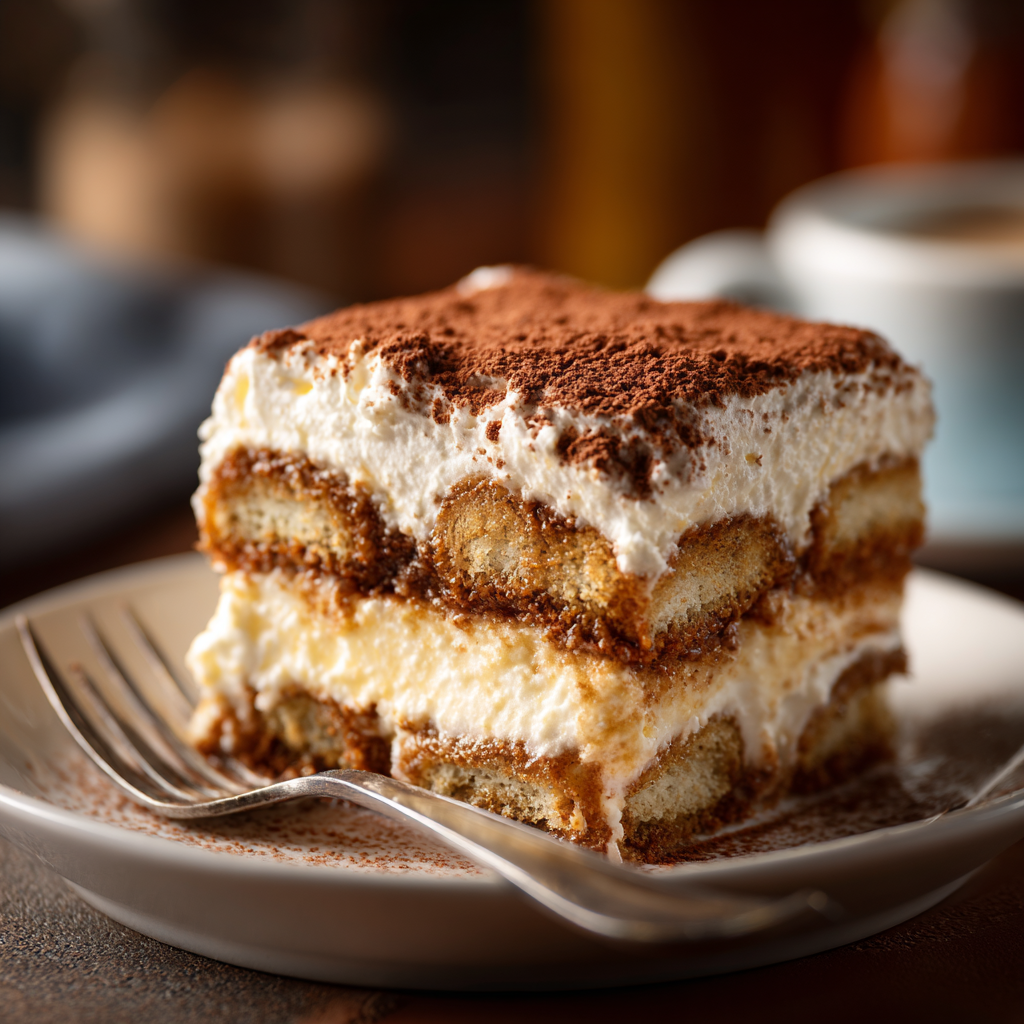 tiramisu on a small white plate with a fork resting beside it.